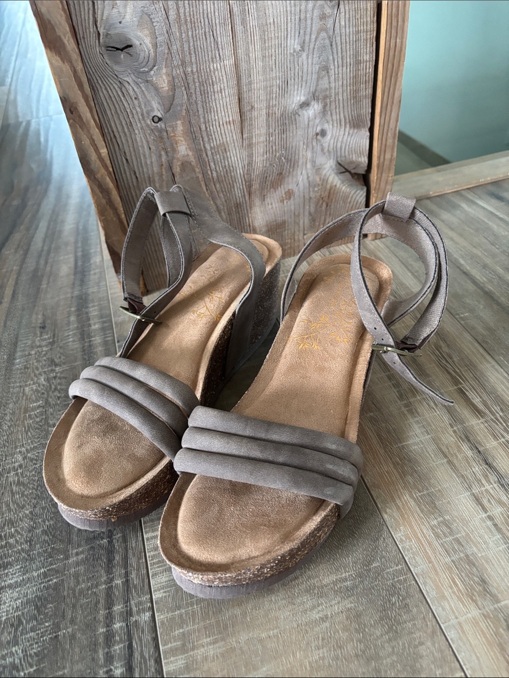 Maurice’s Taupe Suede Wedge Sandals with Ankle Strap